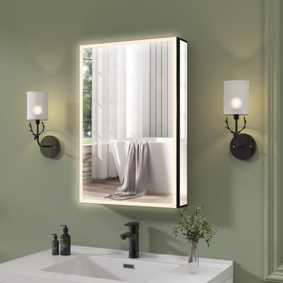 Azwa Recessed or Surface Mount Mirror 20'' W x 30'' H LED Aluminum Medicine Cabinet Black Rectangular Smart Light Mirror