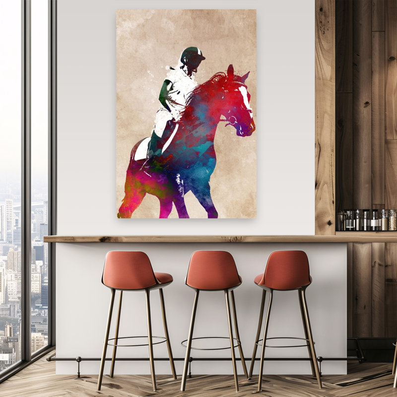 Aquarelle, cheval, cavalier, art mural contemporain, 60" H x 40" W