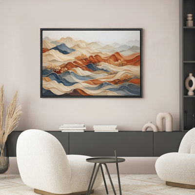 «Modern Layered Mountain Landscape Neutral Nature», reproduction d'art sur toile encadrée dans la chambre principale