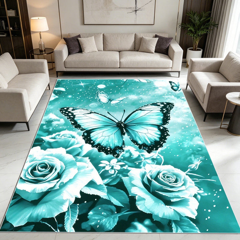 Tapis de jardin 1 pièce Sparkling Teal Butterfly Rose, Rectangle 6 pi 8 po x 10 pi