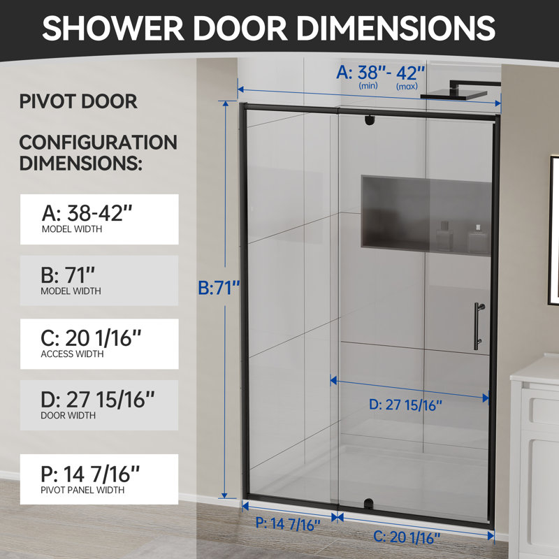 38-42＂W X 71＂H Pivot Swing Semi-Frameless Shower Door With 1/4＂(6Mm) Tempered Glass, Black