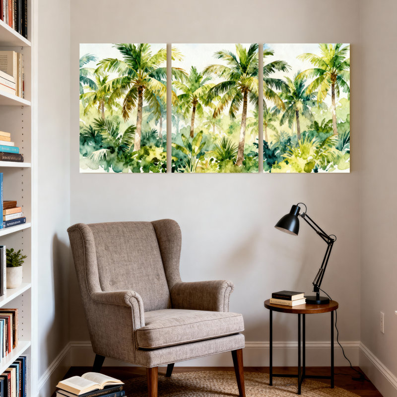 Palmiers, palmiers tropicaux, aquarelle, ensemble de 3 impressions sur toile, H 30 po x l 60 po