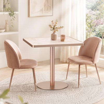 31.5" Modern Square Dining Table With Sintered Stone Faux Marble Top,Rose Gold Aluminum Wrapped Edge,Rose Gold Titanium Stainless Steel Pedestal Base, Small Bistro Table For 2-4 People In Pink