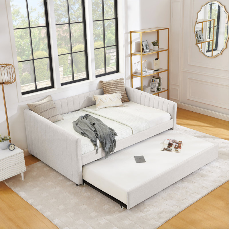 Full Size Daybed With Trundle Upholstered Sofa Bed, With Vertical Stripes, Linen Fabric, Beige (82.5"X58"X30")