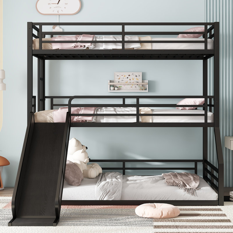 Twin over Twin over Full Bunk Bed with Slide, Metal Triple Bunk Bed with Safety Guardrails — Heavy-Duty, Noise-Reducing, Space-Saving Black Bunk Bed