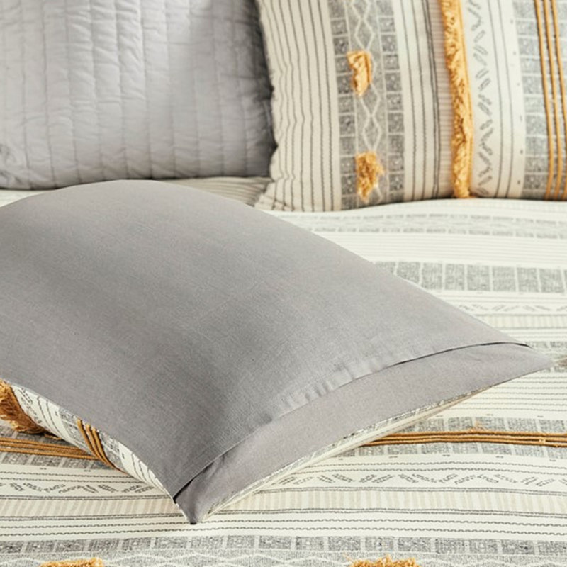 Housse de couette 100% coton pour lit très grand / très grand avec fermeture à boutons en tissu gris et jaune