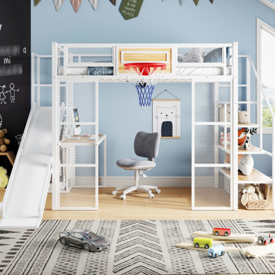 White Metal Loft Bed With Integrated Desk, Wardrobe, Hoop, Slide, Stairs - Bedroom Luxury Experience In Open Slide And Staircase Durability