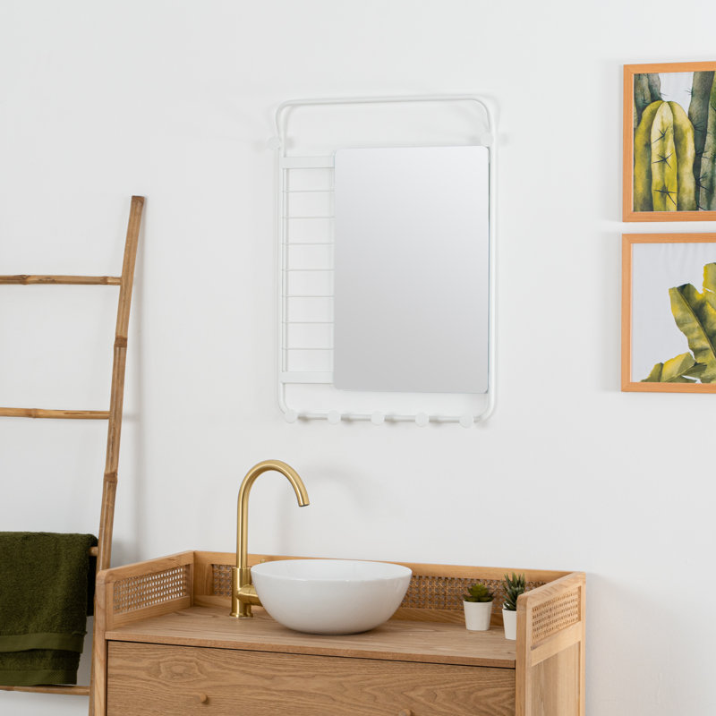 Furness Metal Flat Wall Mirror with Hooks, White