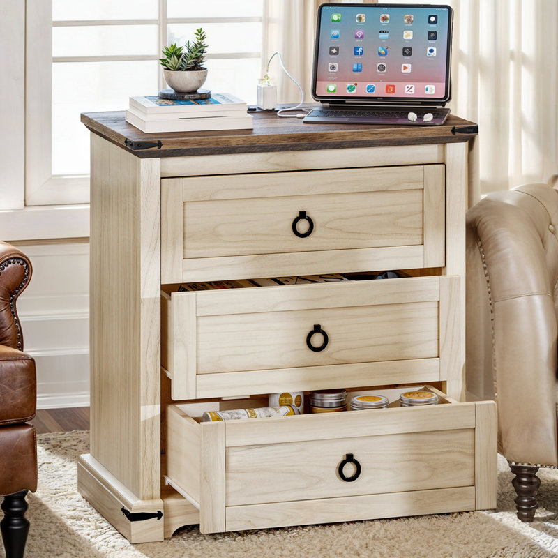 Table de chevet 3 tiroirs Runnie - brun / beige