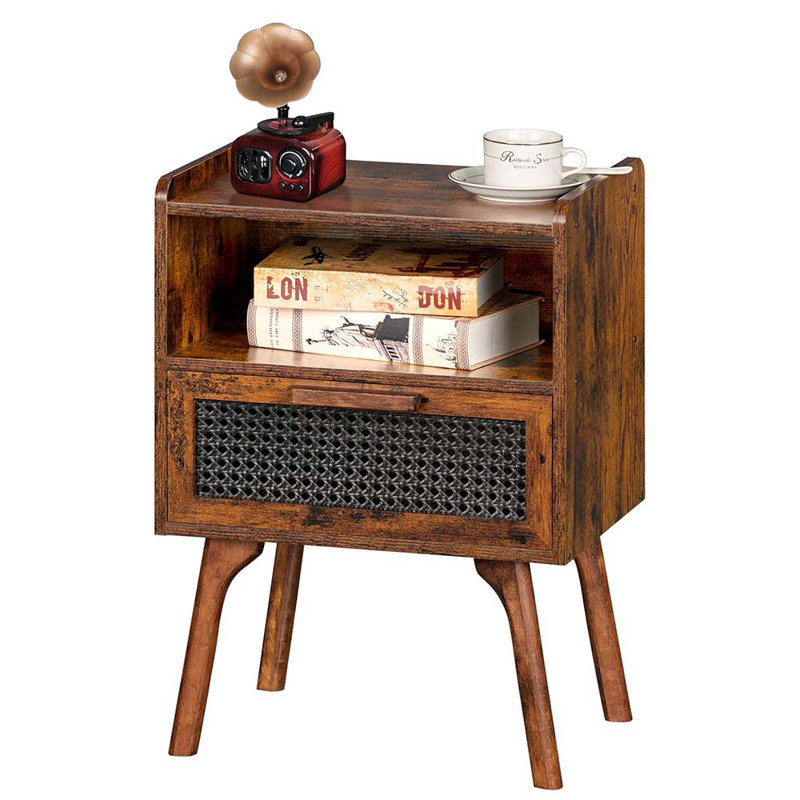 Boho Side Table With Drawer Open Shelf, Cane Accent Bedside End Table With Solid Wood Legs For Bedroom, Dorm And Small Spaces