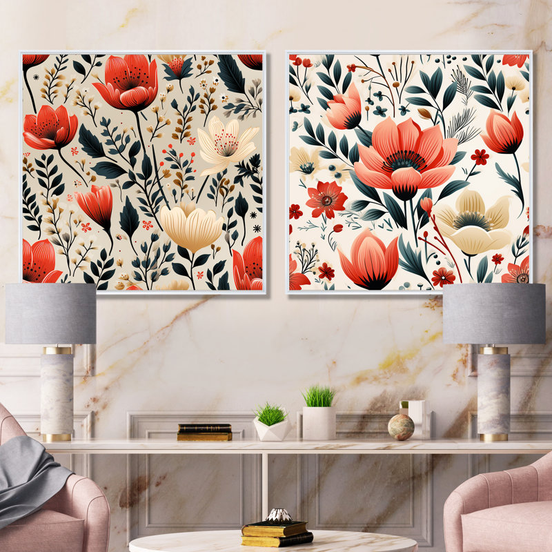 Heintz - ensemble de 2 reproductions d'art sur toile florales, Cadre flottant blanc, H 30 po x l 61 po x P 1 po