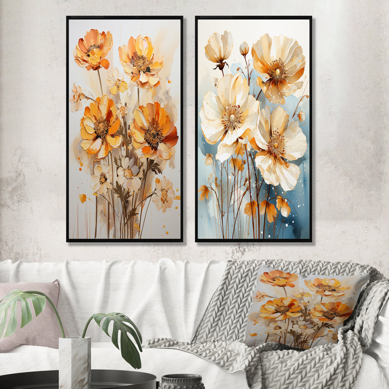 Buttercups Sepia Toned - Buttercups Canvas Art Print Set Of 2, Black Floater Framed, 28" H x 25" W