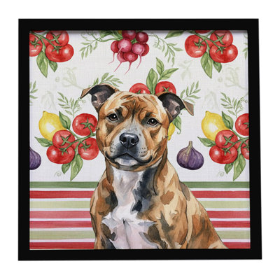 Brindle Staffordshire Bull Terrier, légumes, impression sur métal encadrée