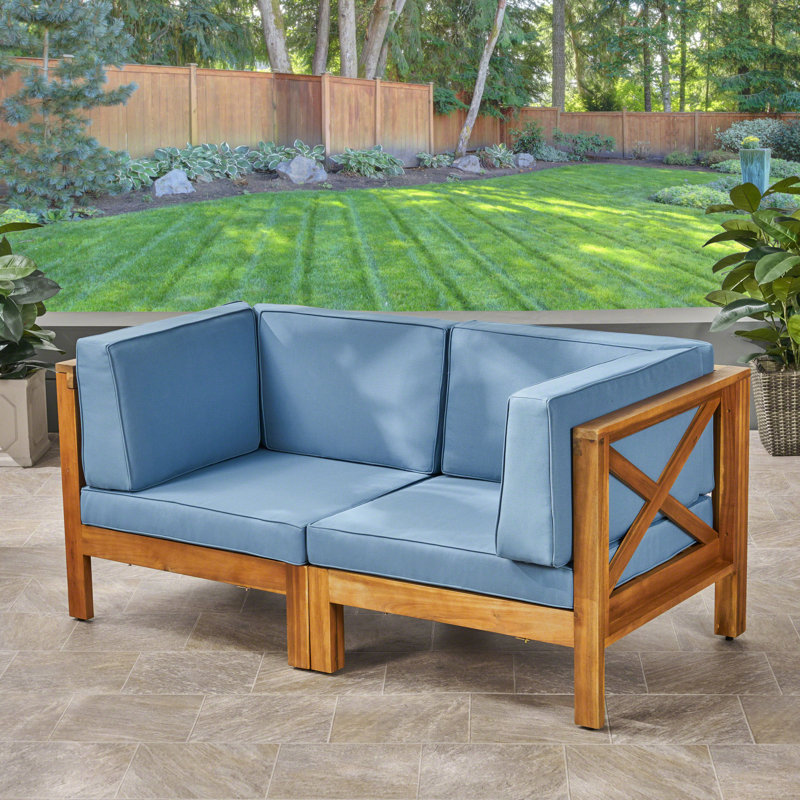 Dillinger 60.5" Wide Loveseat with Cushions, Teak Frame / Blue Cushion