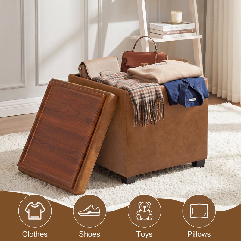 15.3" Square Faux Leather Storage Ottoman, Brown