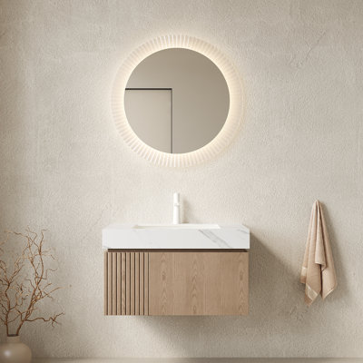 Meuble-lavabo de salle de bain 30 po MURI, armoire de rangement en contreplaqué flottant avec tiroir et porte, plateau en pierre frittée blanc Carrara et lavabo en céramique avec 1 trou de robinet pré-percé, pré-assemblé, Heidelberg grain de bois - céramique, pierre frittée - ensemble 2 pièces