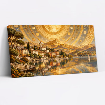 Tableau mural sur toile « Village doré au bord d'un lac avec voilier et ciel du zodiaque céleste »