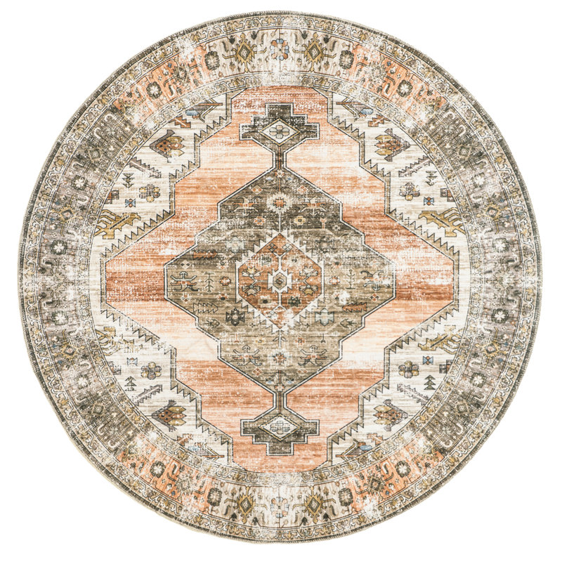 Gracie SpinClean Distressed Medallion Machine Washable Area Rug, Round 8'
