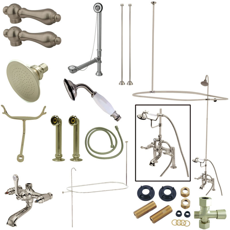 Kingston Brass Vintage Two-Handle 2-Hole Deck Mount Clawfoot Tub Faucet Package with Shower Enclosure, Hand Shower and Tub Drain
