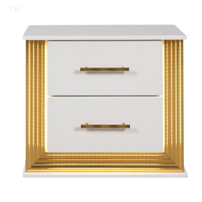 Table de chevet 2 tiroirs Obsession de style contemporain avec lumières DEL et finition dorée pour un rangement élégant dans la chambre à coucher