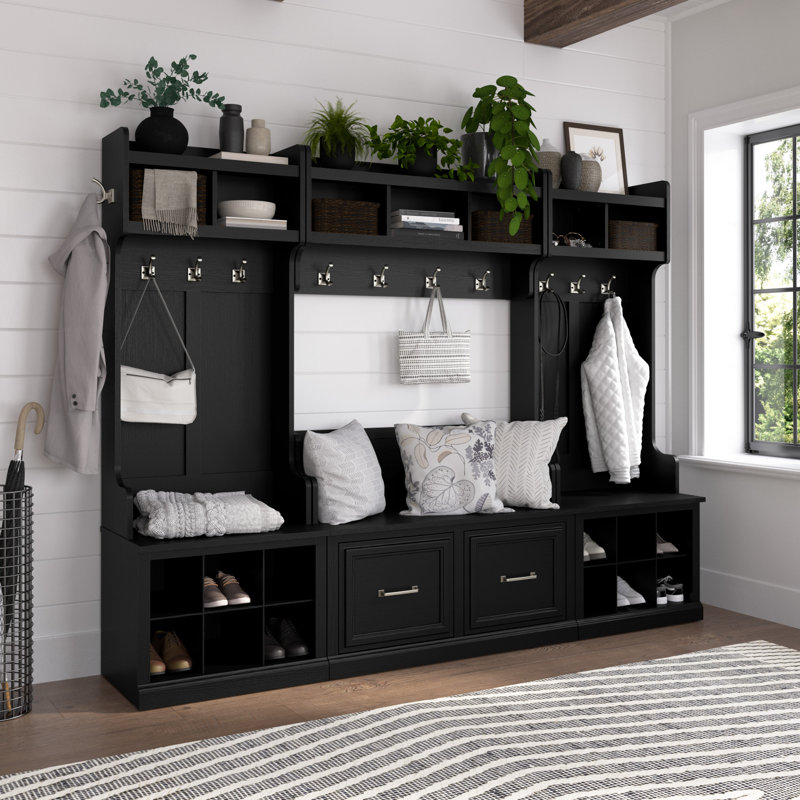 Arulappu 40''W Shoe Storage Bench, Black Suede Oak