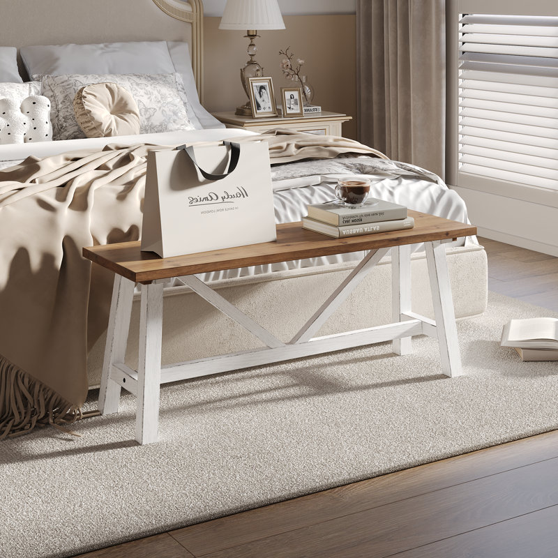 Petit banc court en bois massif Fawaka, Natural/Vintage White