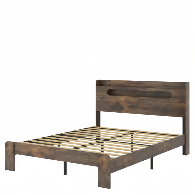 King Rustic Brown Wood Platform Bed Frame with Storage and LED Headboard