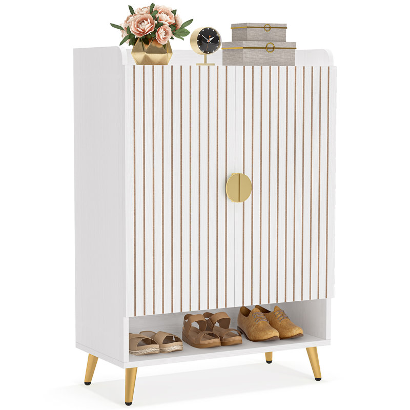 Shoe Cabinet with Adjustable Shelves and Doors, White
