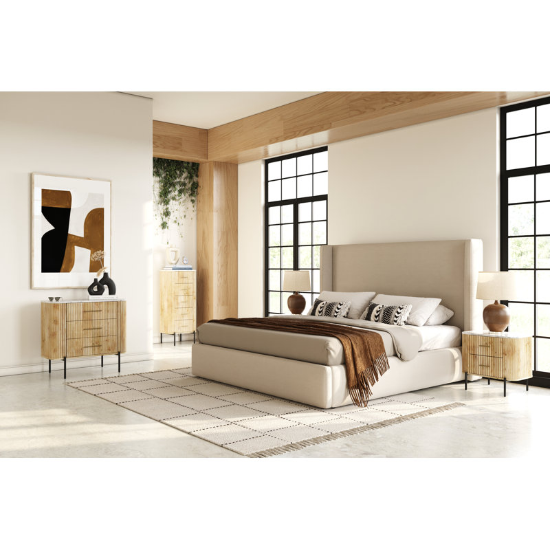 Byrne Upholstered Wingback Bed, Queen, Beige