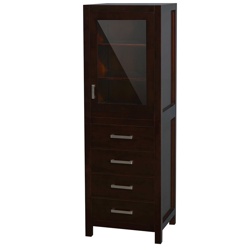 Espresso Solid Wood Freestanding Linen Cabinet with Glass Door