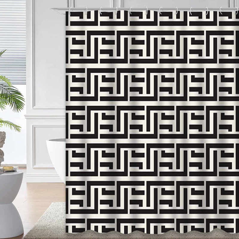 Rideau de douche à motif abstrait treillis noir et blanc avec 12 crochets, L 72 po x l 72 po