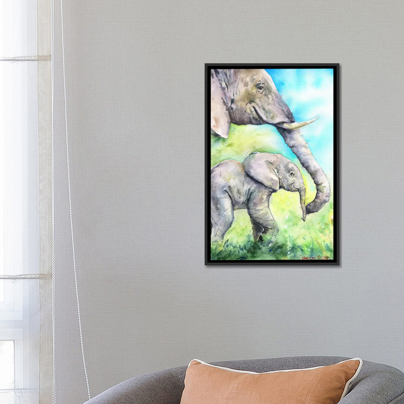 « éléphants happy family », reproduction sur toile, H 26 po x l 18 po x P 1,5 po, Toile encadrée noire, Pas de tapis