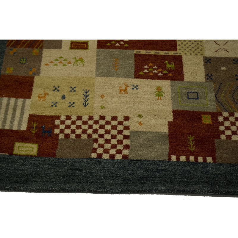 Tapis rouge / brun en laine noué à la main Patchwork