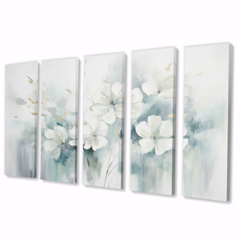 «Blue Botanical Oasis II», reproduction d'art mural abstrait - 5 panneaux égaux