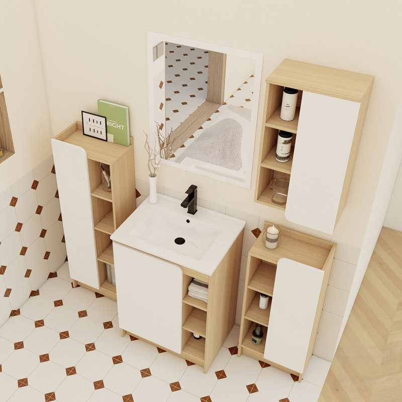 Ensemble de meuble-lavabo 4 pièces avec lavabo en céramique à bords minces, rangement spacieux et panneaux de porte bicolores pour un style polyvalent