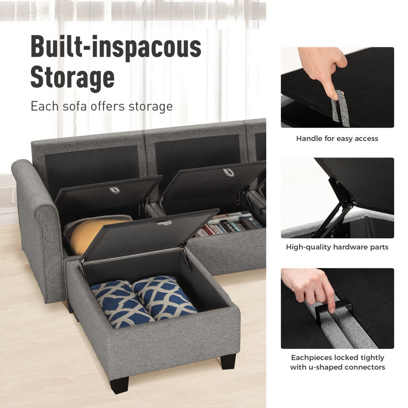 Canapé modulaire rembourré 7 pièces avec rangement sous le siège 7 pièces, Gris