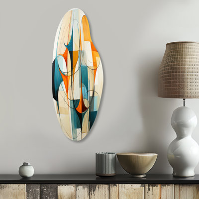 Orange Blue Mid Century Harmony In Geometry I - Midcentury Modern Curved Metal Wall Art, Orange Asymmetrical Metal Art Print