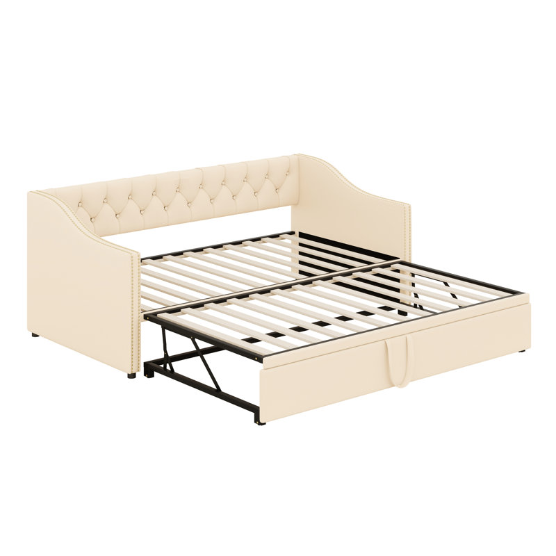 Structure de lit de jour rembourrée en velours avec couchette extensible Elegant, Beige