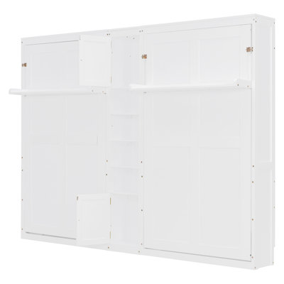 109.3" L Space-Saving Dual Twin Wall-Mounted Murphy Bed Unit with Two Cabinets and Four Shelves White Wood