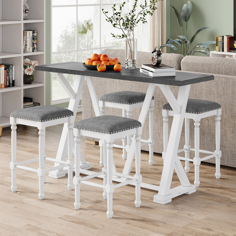 Mid-Century Counter Height 5-Piece Dining Set, Wood Console Table With Trestle Legs And 4 Stools For Small Places