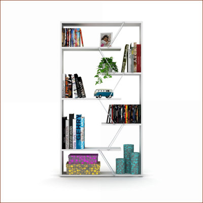 Bibliothèque en bois massif à 6 tablettes | Blanc neige / jaune citron | Bois massif | Blanc neige