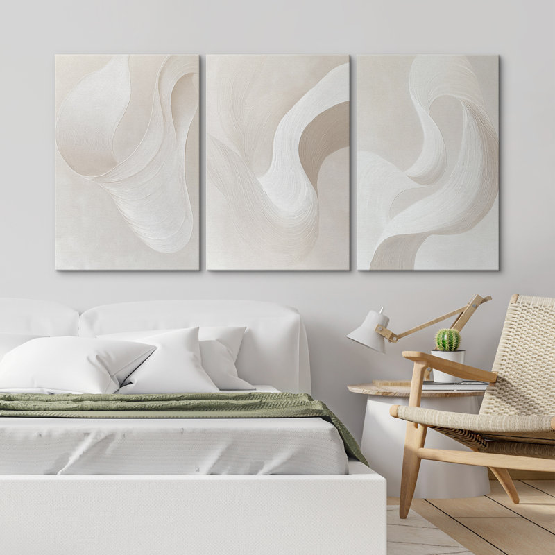 Minimal Landscape "Neutral Beige Flowing Pattern Artwork, Organic Modern Abstract Minimalist Living Room Wall Pictures, Framed Canvas Giclée Print 3 Pieces Wall Art" 16"x24"x3 pcs, 24"x36"x3 pcs
