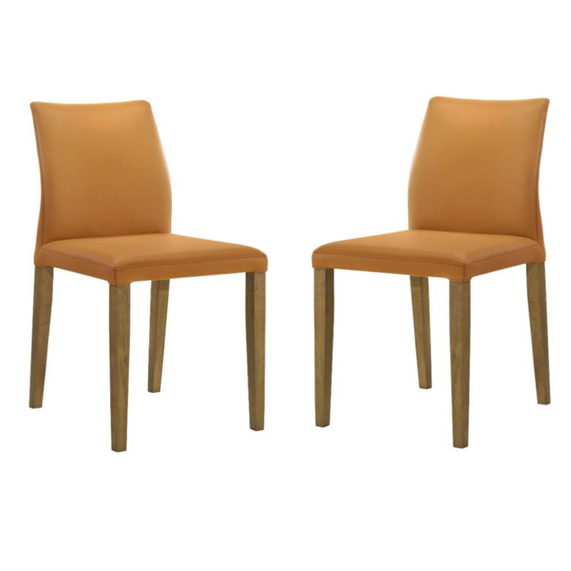 Chaises de salle à manger rembourrées en cuir pleine fleur à dossier plein orange - Ensemble de 2, Orange