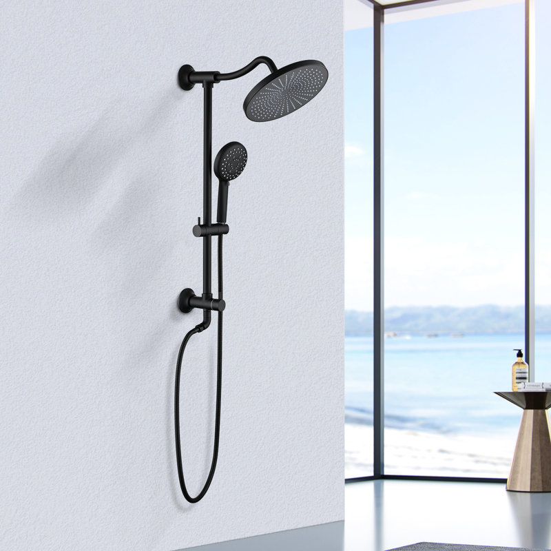 Matte Black Wall Mounted Shower - 5-Setting Dual Head System 1.8 Gpm Adjustable Spray Corrosion & Scratch Holes With Slide Bar Resists Scratches Hand Included Diverter Valve Swivel Spout Hose Length