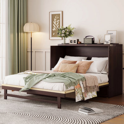 Queen Size Folding Murphy Bed, Pine Wood Cabinet Bed With Rattan Decoration And Storage Drawer