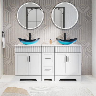 Ensemble de meuble-lavabo à double cuve 60 "avec plateau en bois manufacturé, lavabos vasques, robinets et drains, peinture résistante à l'eau