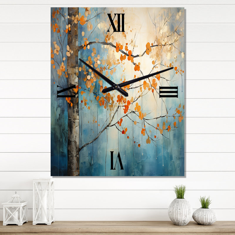 Horloge murale florale à érable orange et sarcelle II, H 32 po x l 16 po x P 1 po