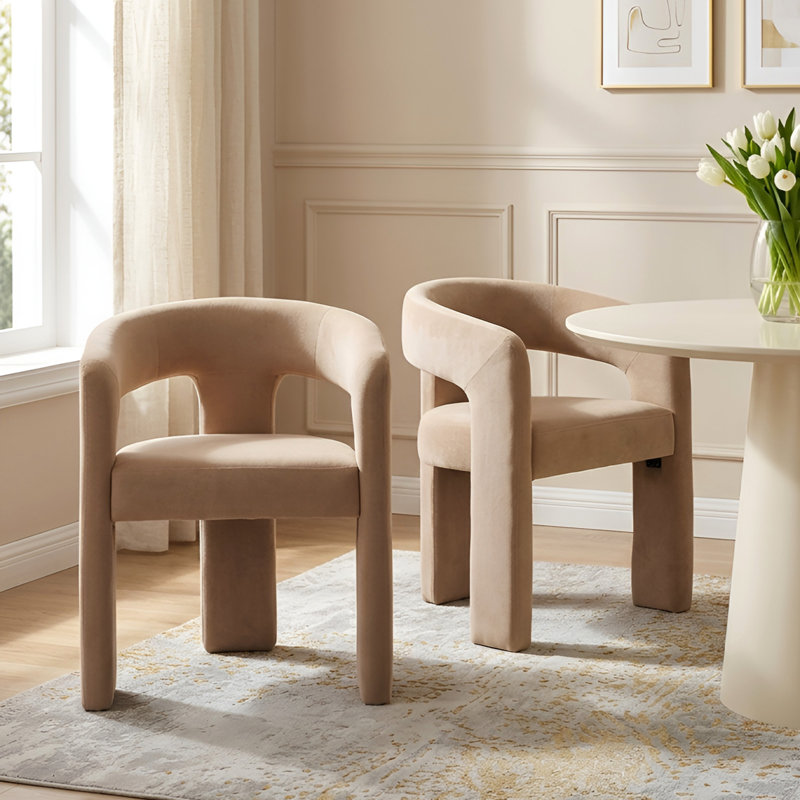 Modern Upholstered Barrel Dining Chairs, Khaki Velvet