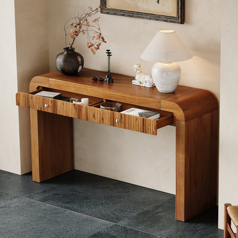 Console rustique avec façade de tiroir cannelée, table d'entrée avec coins incurvés et pieds épais, table de canapé robuste pour le couloir et le salon