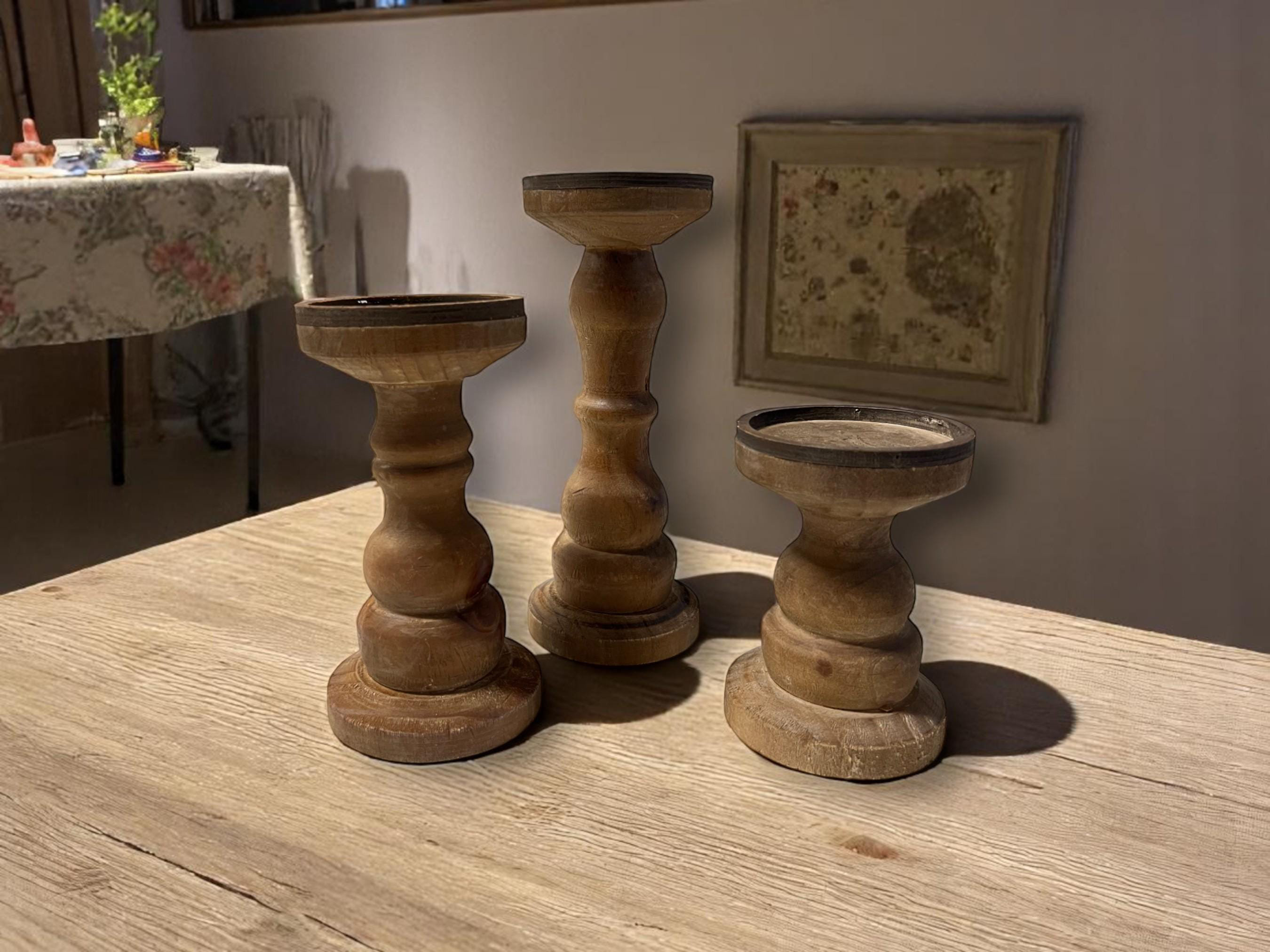 August Grove® Set of Three Wooden Pillar Candle Holders | Wayfair